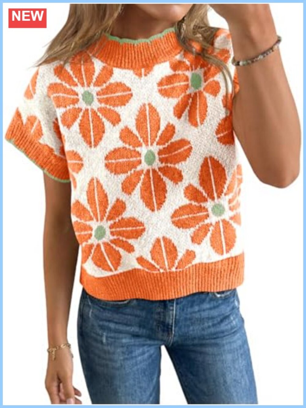 Womens Floral Knit Sweater Short Sleeve Crew Neck Pullover Top